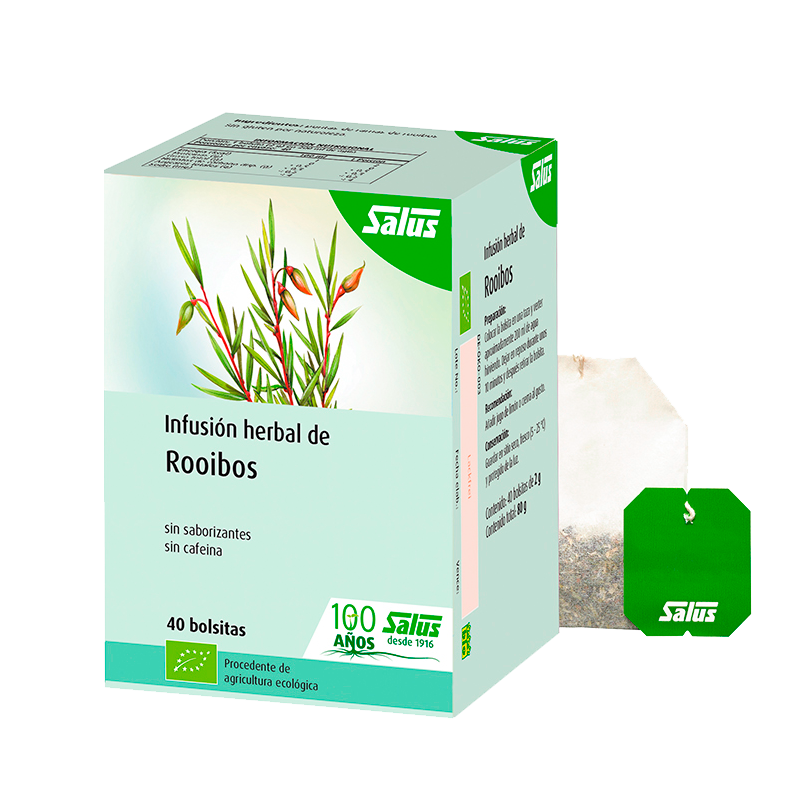 Infusión de Rooibos SalusFlora en bolsitas, 80 g, vista del paquete con bolsitas de té de rooibos.